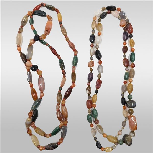 Pair Of Large Carved And Polished Precious Stone Beaded Necklaces