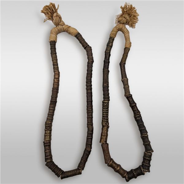 Pair Of Vintage African Bronze Tube Bead And Straw Necklaces
