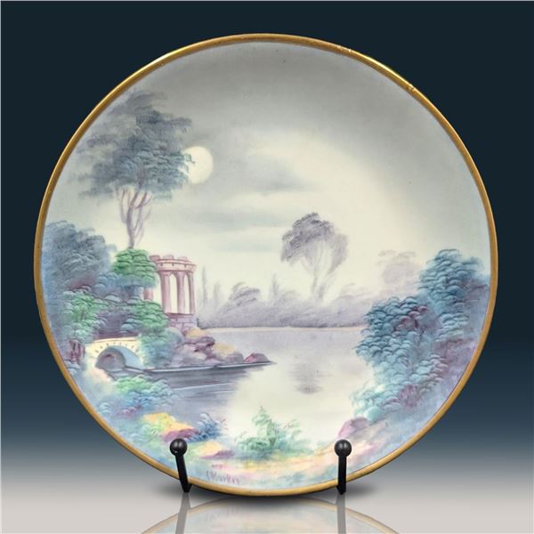 Vintage Hand Painted Pickard "Classic Ruins by Moonlight" Cake Plate, Signed "Marker"