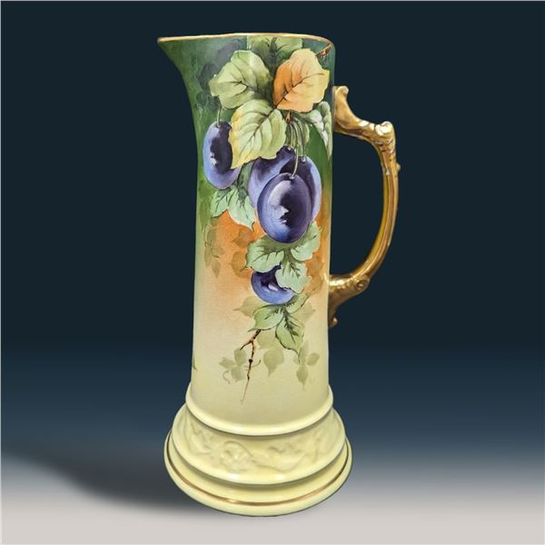 Vintage Large Chicago Made France Studio Hand Painted Tankard With Plums