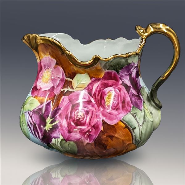Vintage Hand Painted Red Roses Porcelain Cider Pitcher, Signed "Marie"