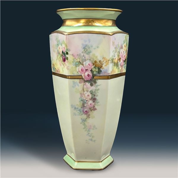 Large Vintage Hand Painted Limoges Hexagonal Porcelain Vase, Decorated With Petite Roses