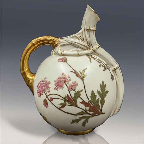 Vintage Royal Worchester Hand Painted Ivory Porcelain Bamboo Floral Pitcher