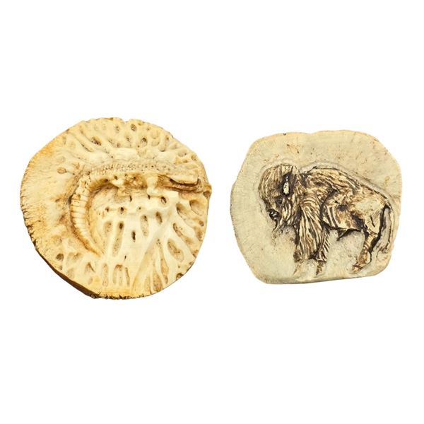 Lot Of 2 Old Bone Or Coral Carvings A Buffalo And Alligator ( A Belt Buckle)