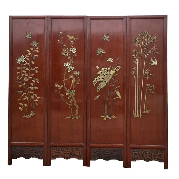 Antique Lacquered With Gilt Paint And Brass Inlaid Four Panel Screen Signed