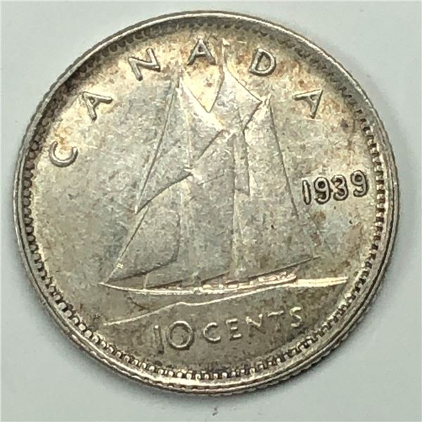 Canadian .10 Cent Dime 1939 AU