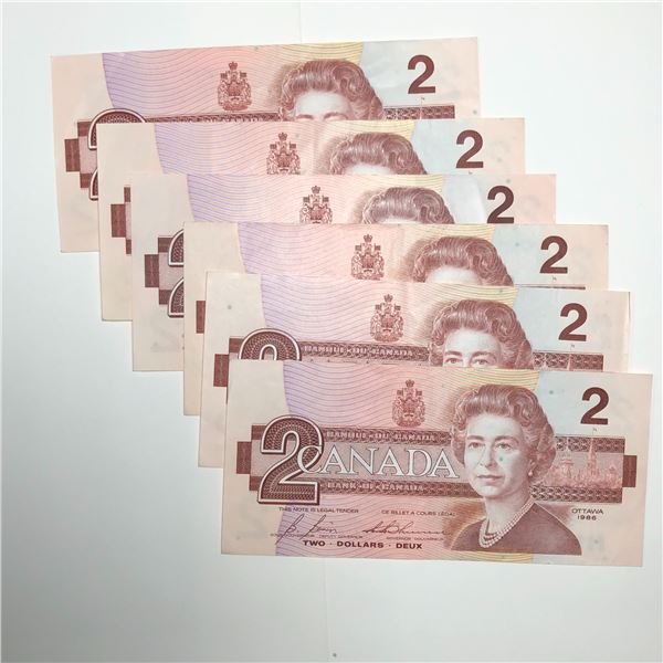 6 - 1986 Canadian 2 Dollar Bills