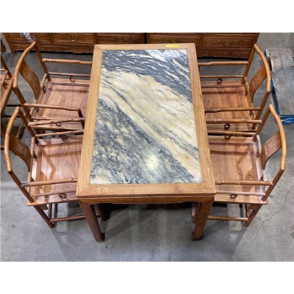 5 Pc - Walnut & Marble Table (32x54x31") w/ 4 Walnut Chairs