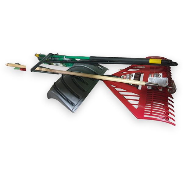 Under Table lot - Gardening Tools Including Rakes, Hoe, Snow Shovel & Push Broom