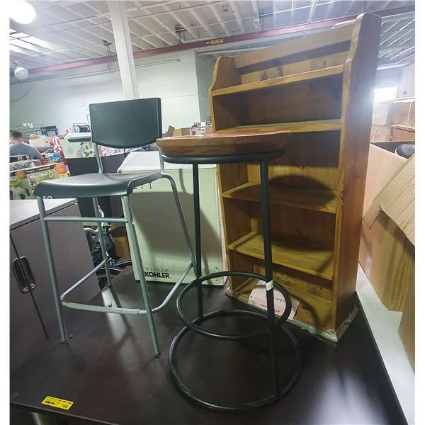 Table lot - Office Table (36x72x29") + x2 Stools, Wooden Display Cabinet (5 Shelf) & Kohler Medicine