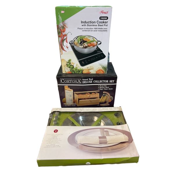 Group of Natural Wood Collector Set, Stainless Steel Charger Set & Induction Cooker