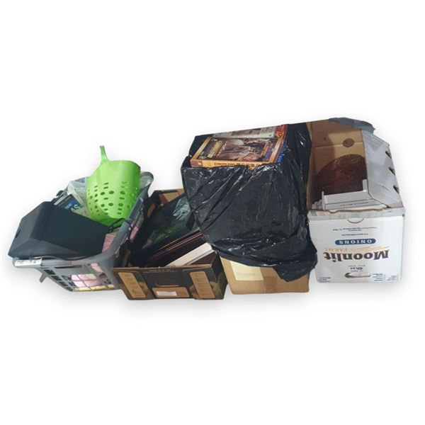 Under Table lot - Misc Items Including DVD's, Mirror, Frames, Speaker, Books, Ice Cube Storage, Etc.