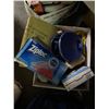 Image 2 : Under Table lot - Group of Misc Items Including Zip Lock Bags, Curlers, Wig, Lamp, 3 Hole Punch, Etc