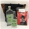 Image 1 : Group of assorted movie set items - includes set dressing/ kitchenware/ prop Gin bottles/ hand bag/ 