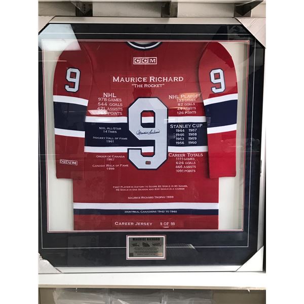 LTD. EDITION CUSTOM FRAMED MAURICE RICHARD SIGNED STAT JERSEY 9/99 AUTOGRAPH AUTHENTIC