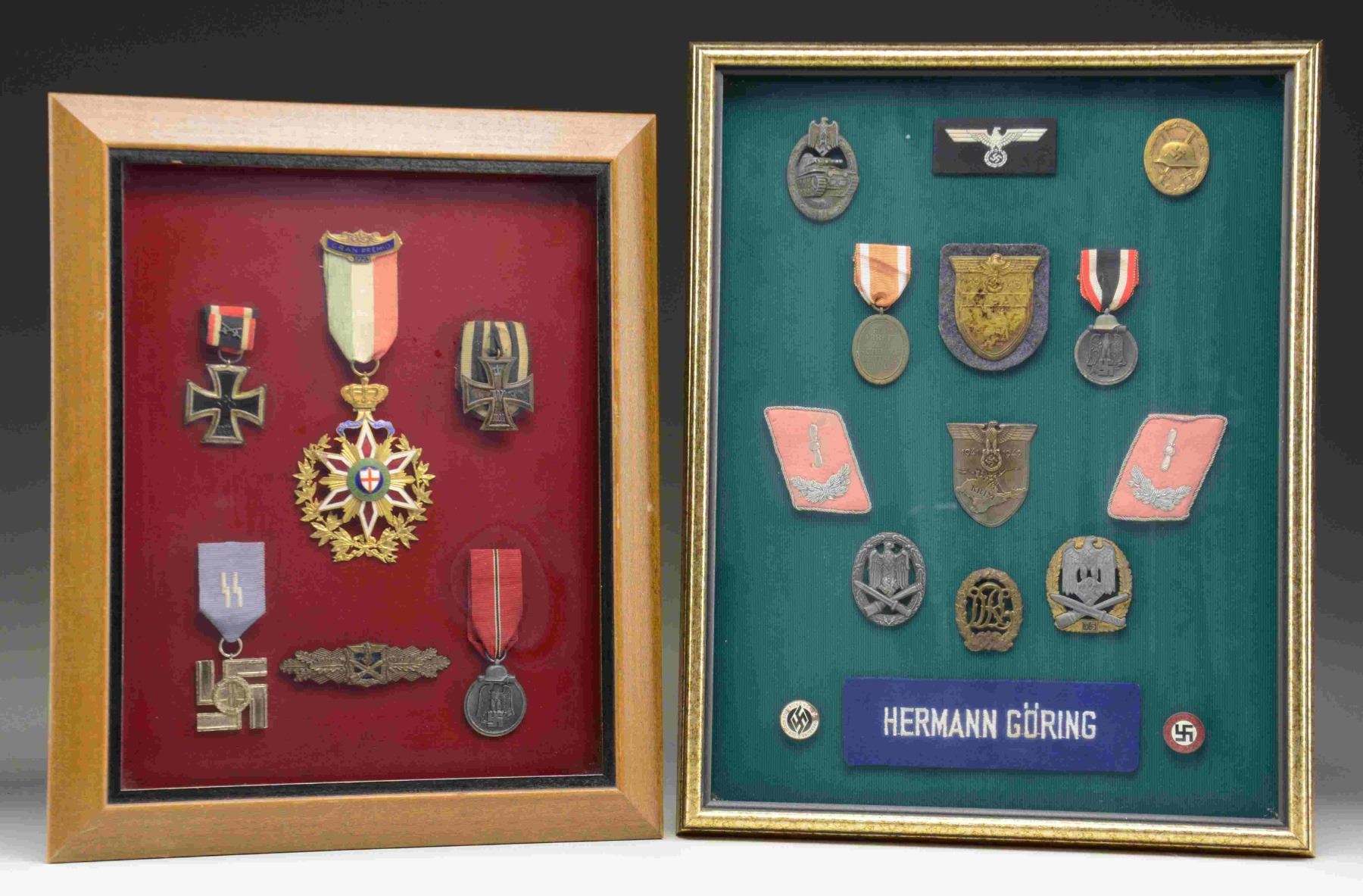 Nazi Frame 2 FRAMES OF WWI & WWII GERMAN MEDALS & BADGES.