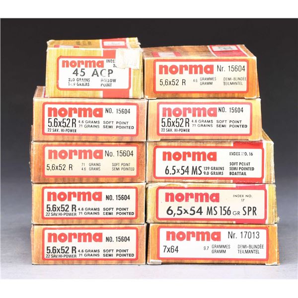 10 BOXES OF NORMA AMMO.