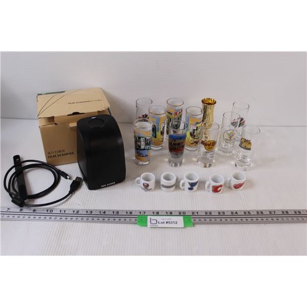 (11) Glass Shot glasses (various), (5) NHL Mini Collector Mugs, Film Scanner (As Is, Untested)