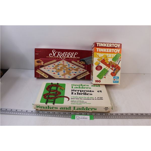 (3) Board Games: Scrabble, Snakes & Ladders, Tinkertoy (as is)