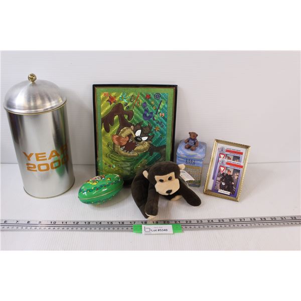 Lot of: Tasmanian Devil Picture/Ornament, Year 2000 Tin, Monkey Plushie, Misc.