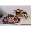 Image 1 : Tasmanian Devil Lot: Figurine, Wood Sign Board, Balloon (as is)