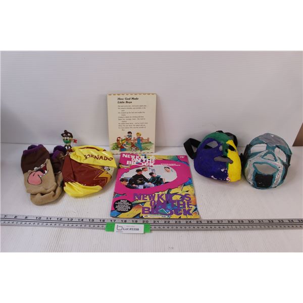 Lot of: Tasmanian Devil Socks & Ball, New Kids on the Block Sticker Album, (2) Homemade Masks, Misc.