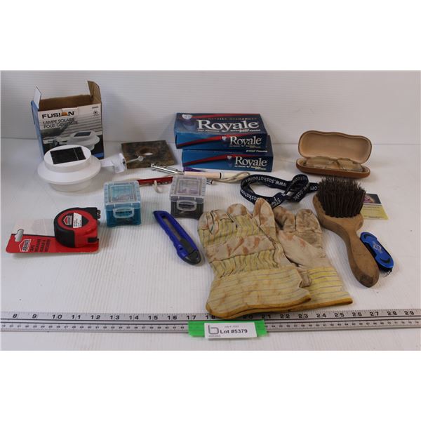 Work Gloves, Measuring Tape (NIB), Solar Light, Misc.