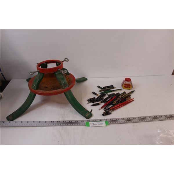 Ink Pens & Ink Jar (Empty), Christmas Tree Holder (Worn)