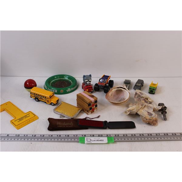 Lot of: Jacob's Ladder, (6) Toy Cars, Shells, Coin Purse, Misc.