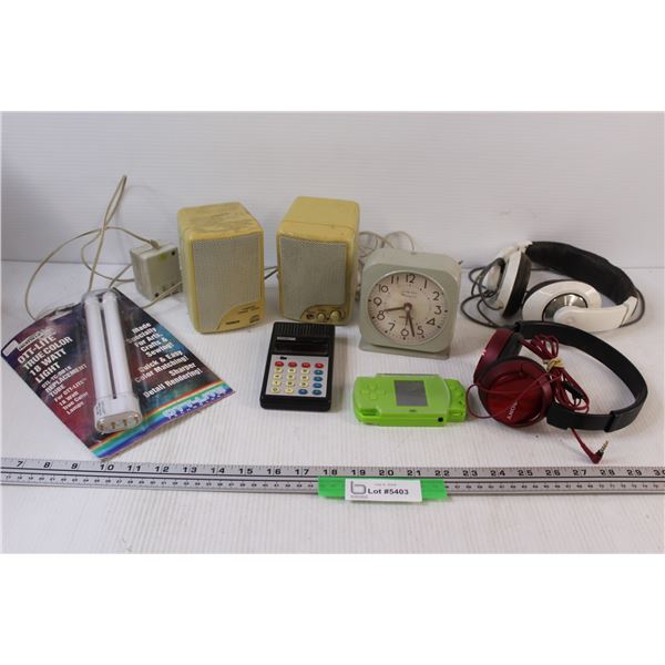 (2) Headphones, Clock, Computer Speakers, Misc. (As Is)