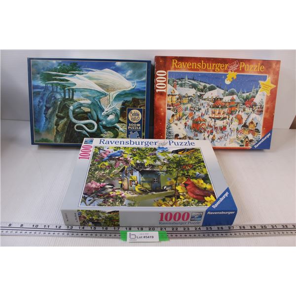 (3) Puzzles: Dragon, Christmas, Birds