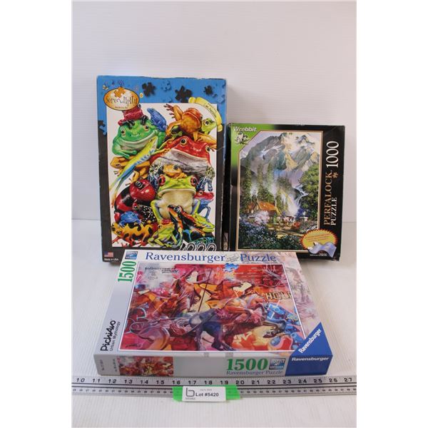 (3) Puzzles: Frog, Mountain Scene, Horse Statue Picture