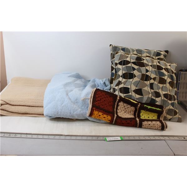 (2) Cushions, (2) Blankets, Misc. Crocheted Item