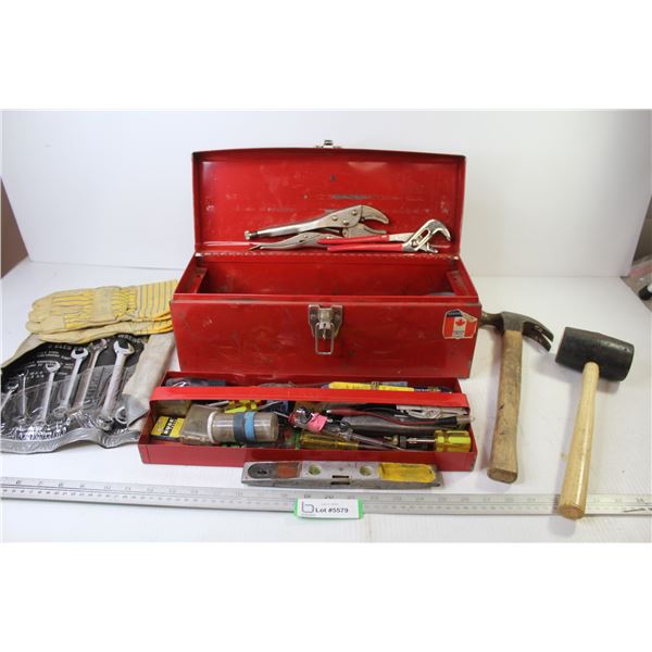 Metal Tool Box w/Contents - Hammer - Rubber Mallet - Wrench Set - Gloves - Misc. Hand Tools
