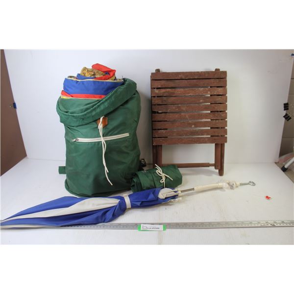 Sleeping Bag (unknown Condition - Folding Wooden Stool - Umbrella w/Clamp Mount