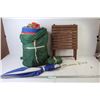 Image 1 : Sleeping Bag (unknown Condition - Folding Wooden Stool - Umbrella w/Clamp Mount