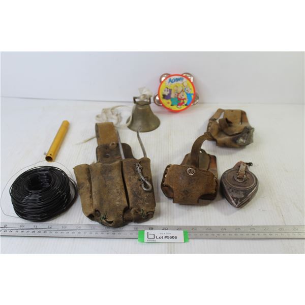 Vintage Tool Pouches - Roll of Wire - Chalk Line - Marker Pen - Brass Bell - Alvin Toy Tambourine