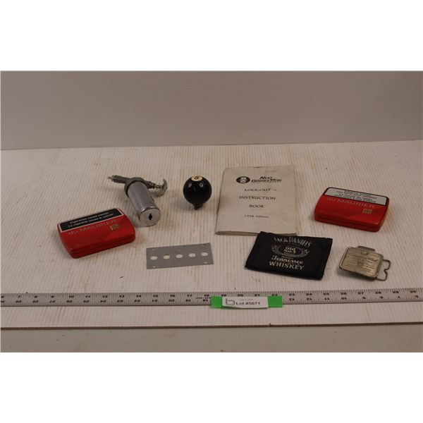 Various Items - DuMaurier Cigarette Tins, 8 Ball Shifter Knob, Jack Daniel's Wallet, Canadian Club B