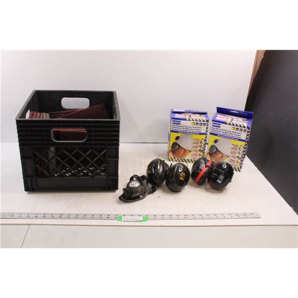 (4 pr) Ear Muffs , Scotch Brite Pads, Head Lamp & Milk Crate