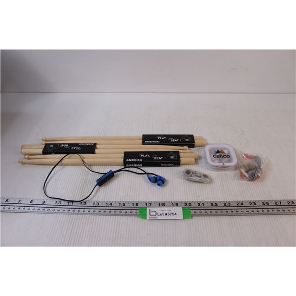 (3) Sets of Drumsticks, (4) Earbuds (as is)