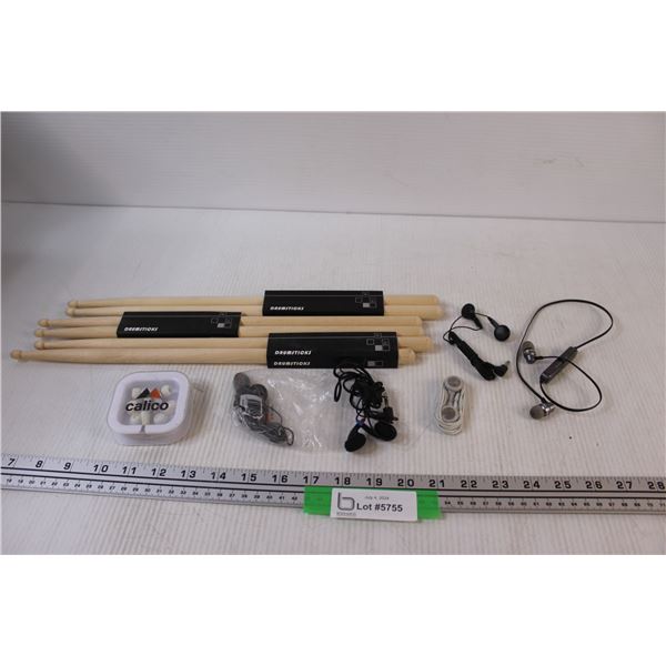 (3) Sets of Drumsticks, (6) Earbuds (as is)