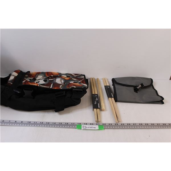 (2) Sets of Drumsticks, Basketball Cross body Backpack, Lunch Kit (cloth)