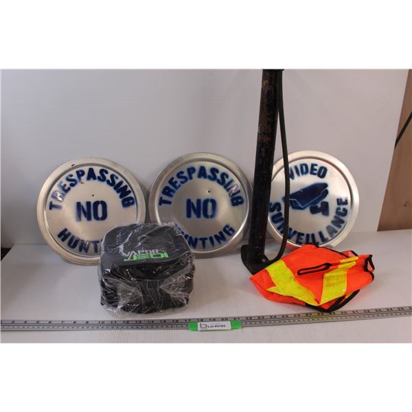 Lot of: No Trespassing Signs, (12) Vapour Jedi Toques, Safety Vest, Bike Tire pump