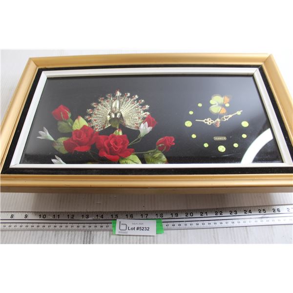 Vintage Peacock Clock Shadow Box  - 21" x 12" x 3 1/4", Untested