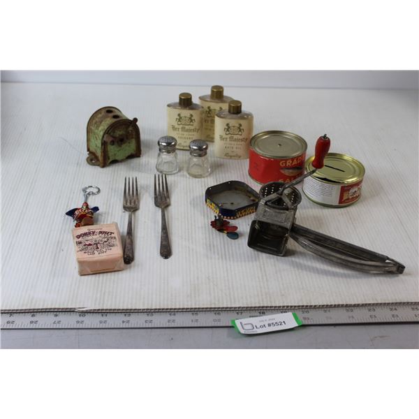 (2) Tin Cans, (3) Bottles of Cologne Empty, Vintage Cheese Grater, Misc.