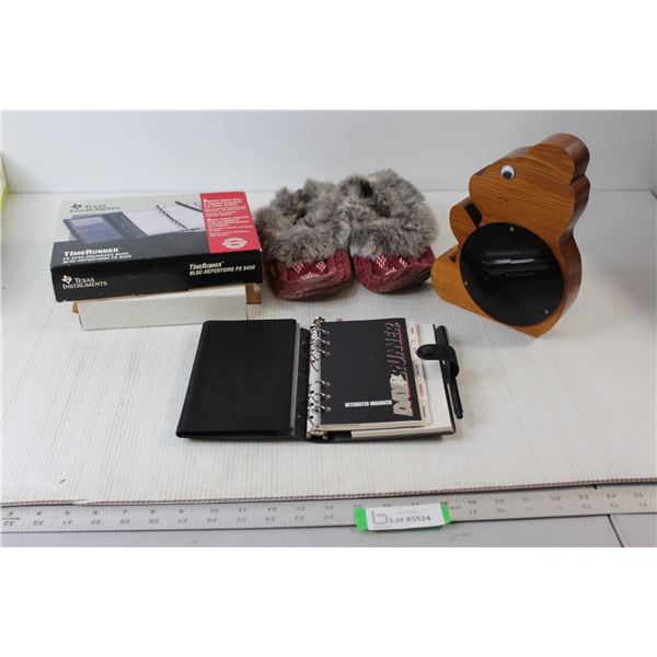 Wooden Coin Bank, Moccasins - Size Unknown, Timerunner Book & Calculator