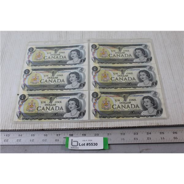 (6) Canadian $1.00 Bills in Sequence Order - #8009601-9606