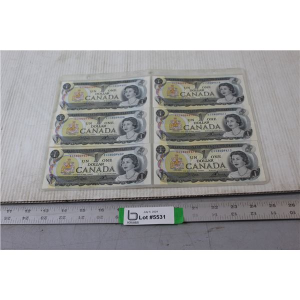 (6) Canadian $1.00 Bills in Sequence Order - #8009607-9612