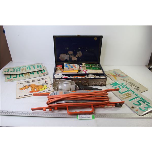 Older First Aid Kit in Metal Case - (3) Saskatchewan License Plates - Trouble light w/Cord Holder - 