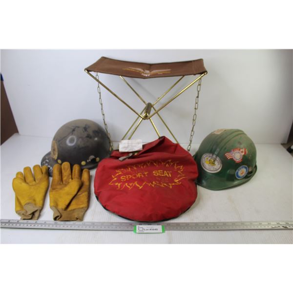 Thermo Sport Seat - (2) Hard Hats - Fenwick Woodstream Folding Stool - Heavy Rubber Gloves